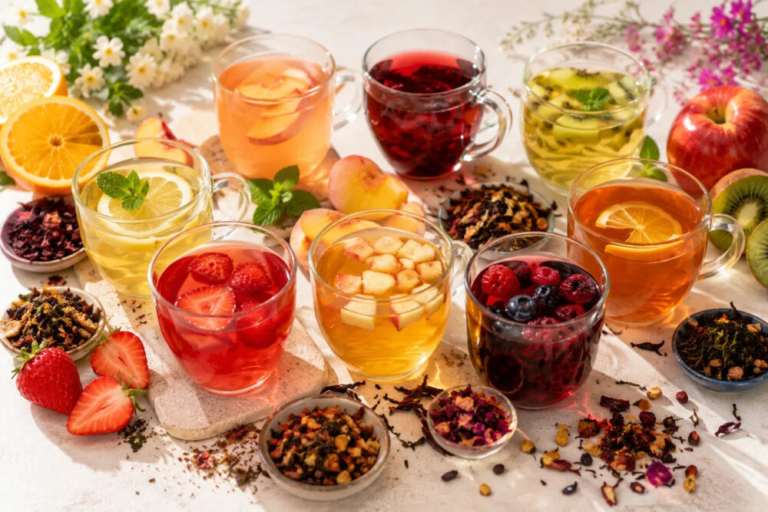 Assortment of fruit tea flavours including peach, strawberry, and citrus