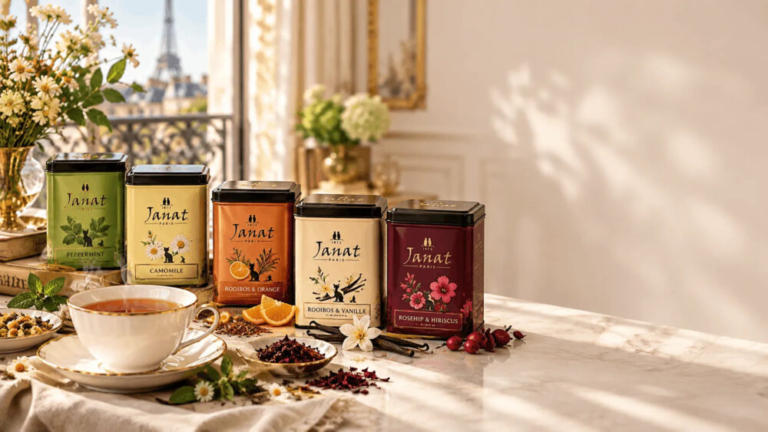 JANAT caffeine-free and low-caffeine teas with herbal ingredients in a premium French tea setting